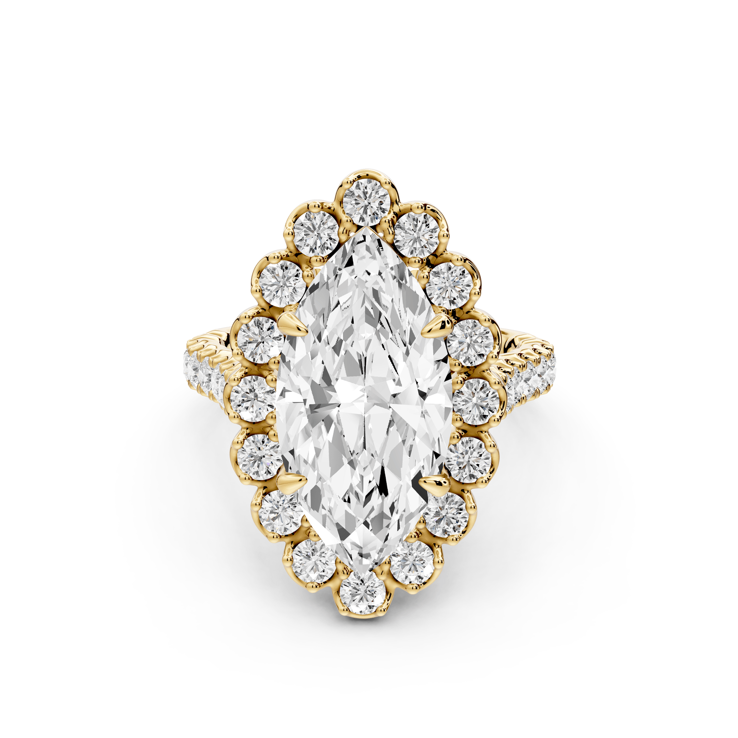 Anastasia - 4ct 14k yellow gold marquise Diamond with Floral Halo and Pavé engagement Ring - Mr. Alex Jewelry