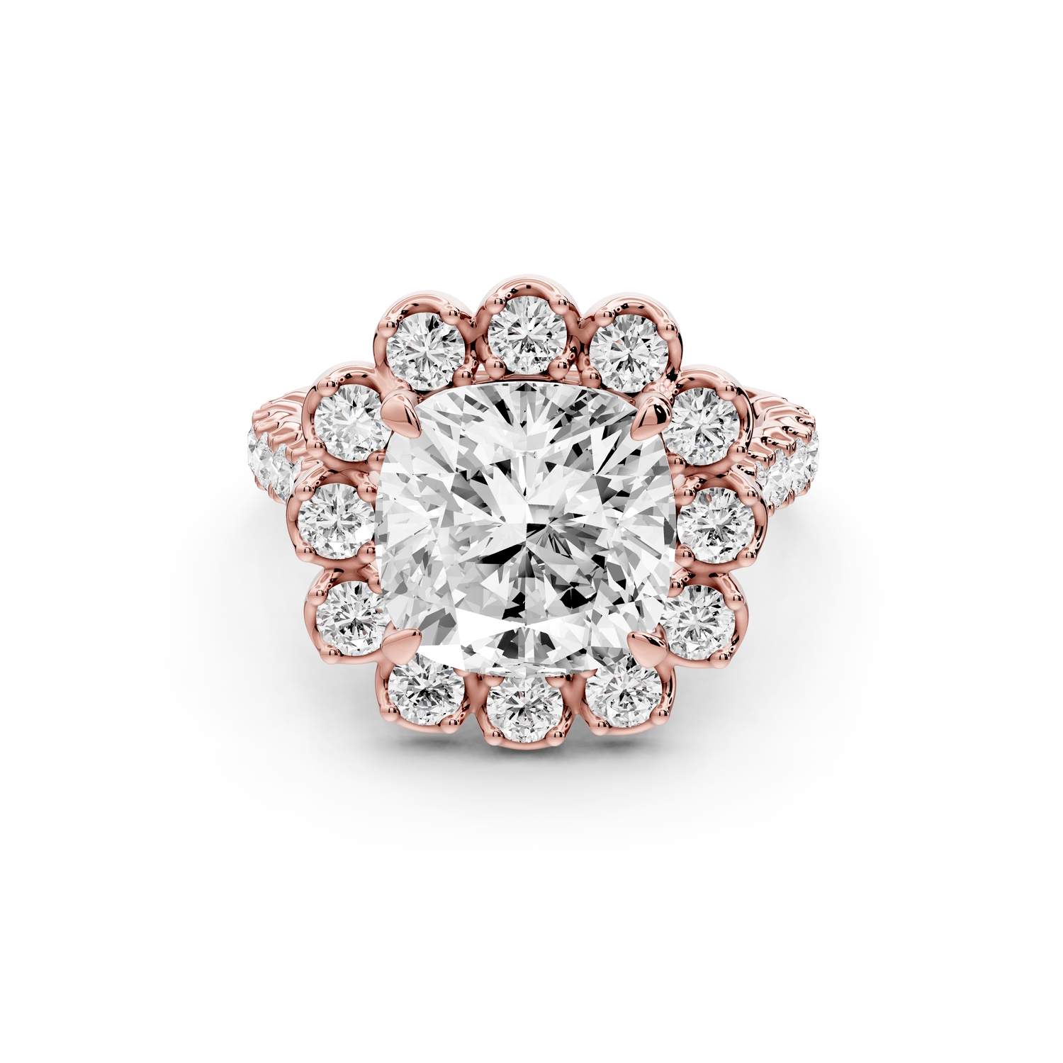 Anastasia - 4ct 18k rose gold cushion Diamond with Floral Halo and Pavé engagement Ring - Mr. Alex Jewelry