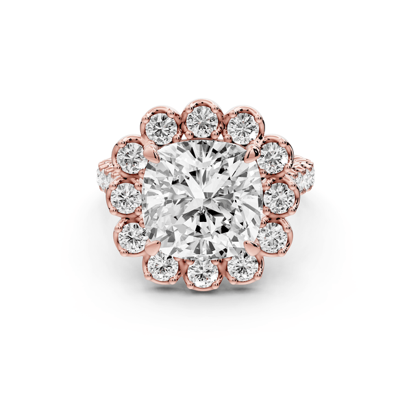 Anastasia - 5ct 14k rose gold cushion Diamond with Floral Halo and Pavé engagement Ring - Mr. Alex Jewelry