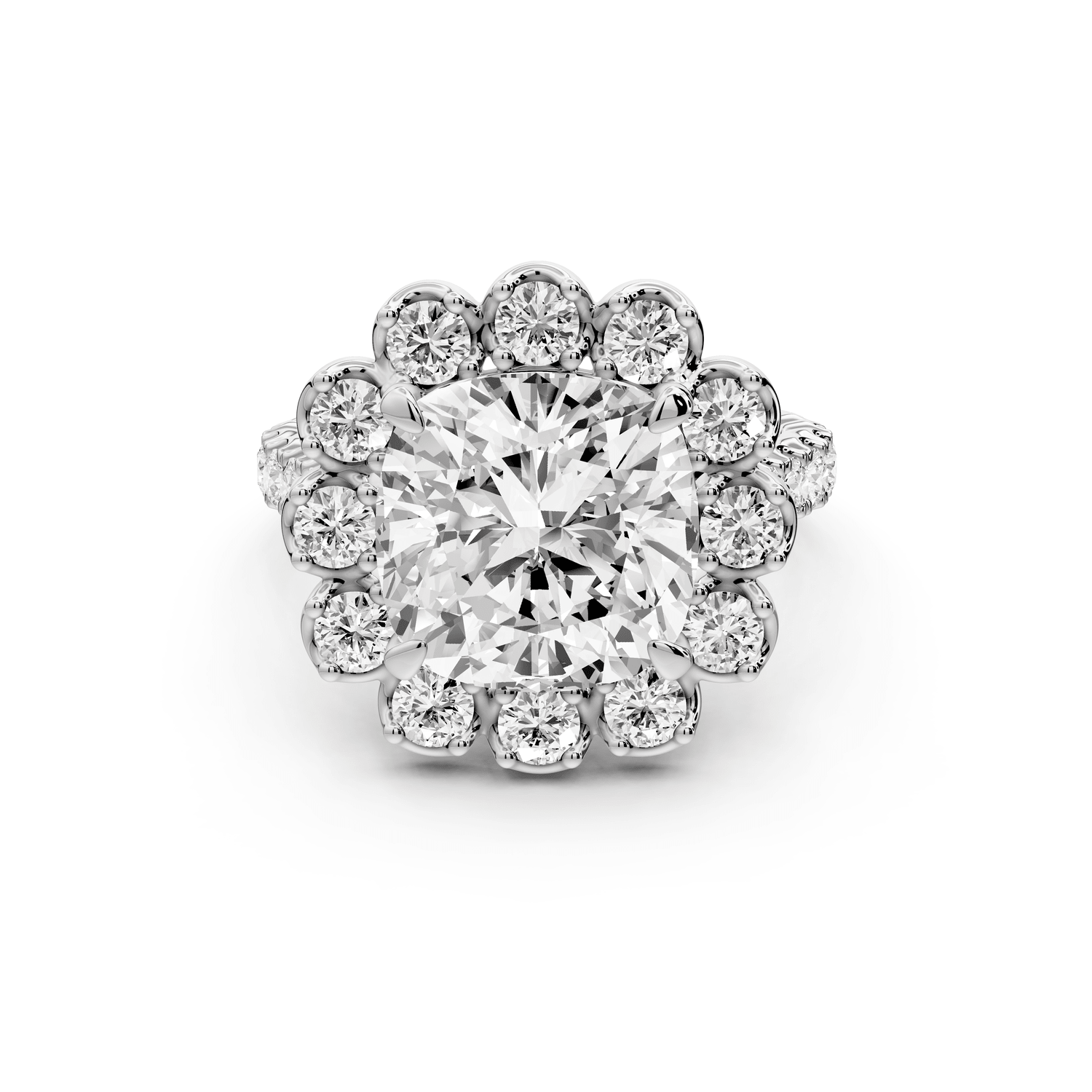 Anastasia - 5ct 14k white gold cushion Diamond with Floral Halo and Pavé engagement Ring - Mr. Alex Jewelry