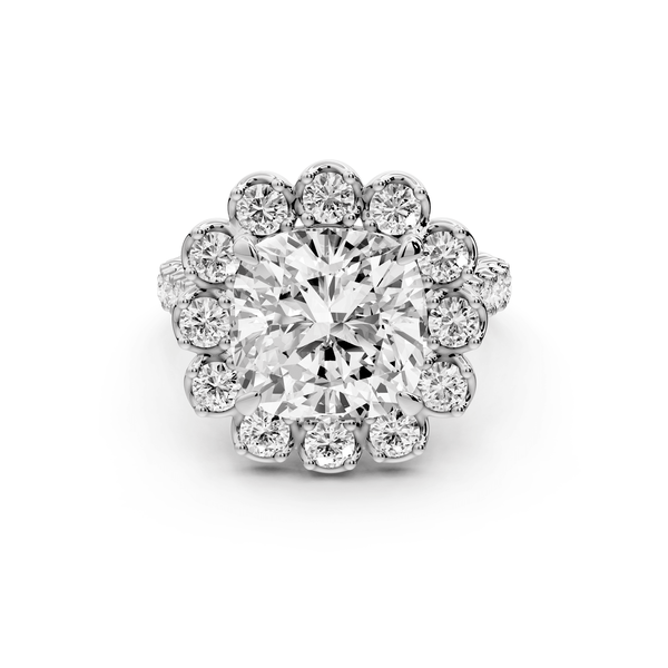 Anastasia - 5ct 14k white gold cushion Diamond with Floral Halo and Pavé engagement Ring - Mr. Alex Jewelry