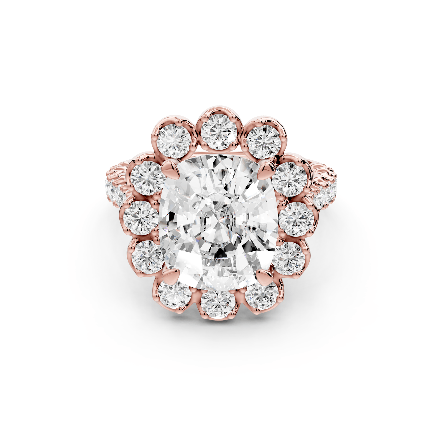 Anastasia - 5ct 18k rose gold ecushion Diamond with Floral Halo and Pavé engagement Ring - Mr. Alex Jewelry