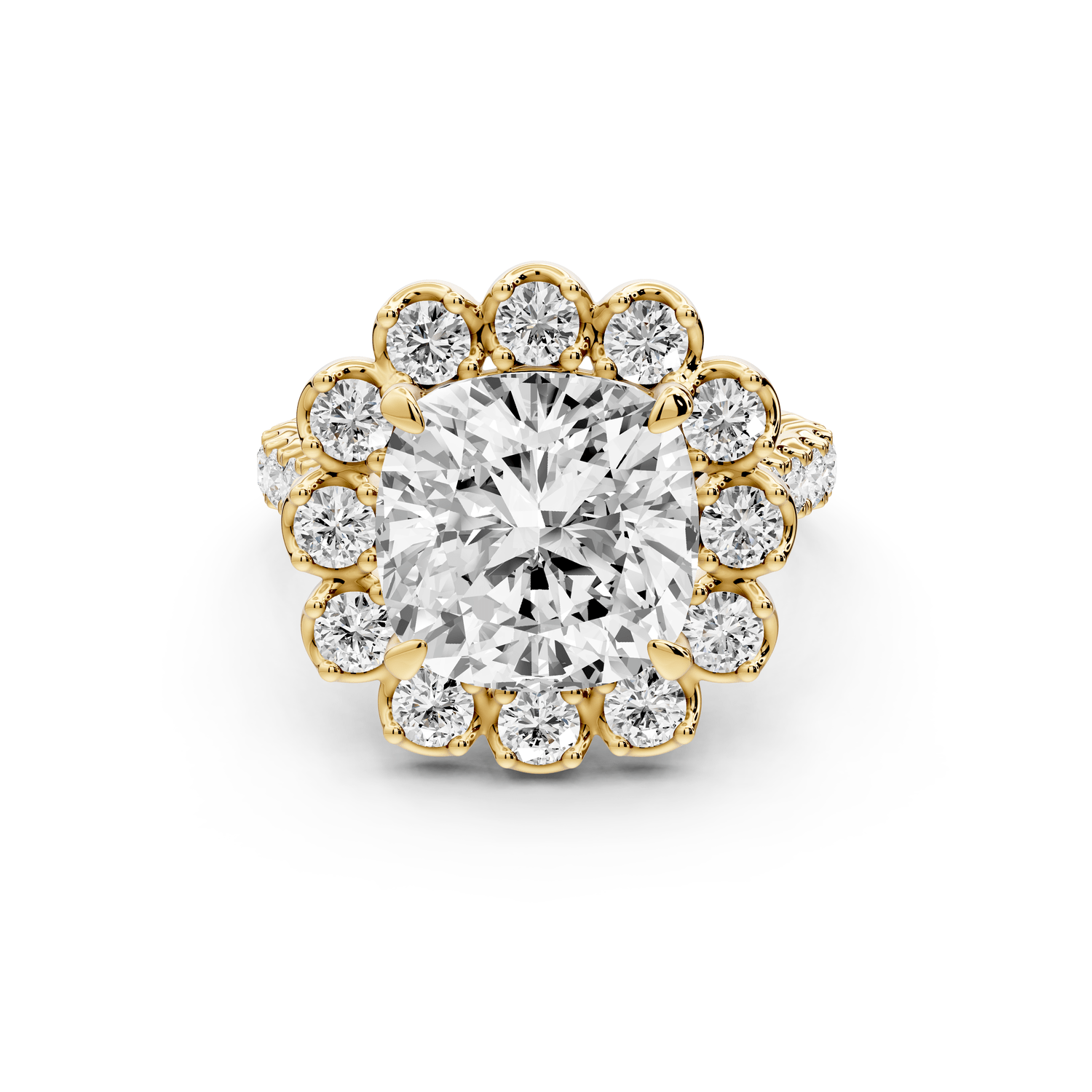 Anastasia - 5ct 18k yellow gold cushion Diamond with Floral Halo and Pavé engagement Ring - Mr. Alex Jewelry