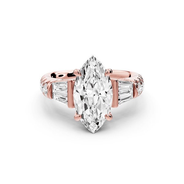 Aria - 2ct 14k rose gold marquise Diamond with tapered baguettes and round accent stones engagement ring - Mr. Alex Jewelry