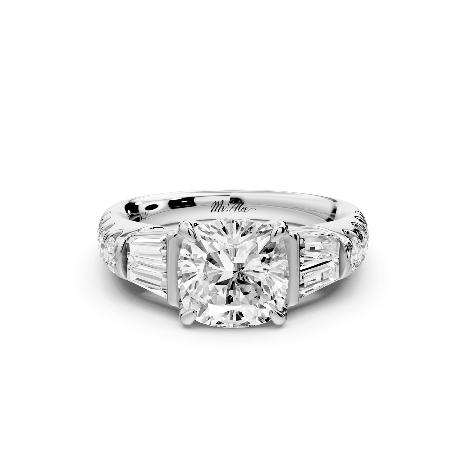 Aria - 2ct 14k white gold cushion Diamond with tapered baguettes and round accent stones engagement ring - Mr. Alex Jewelry