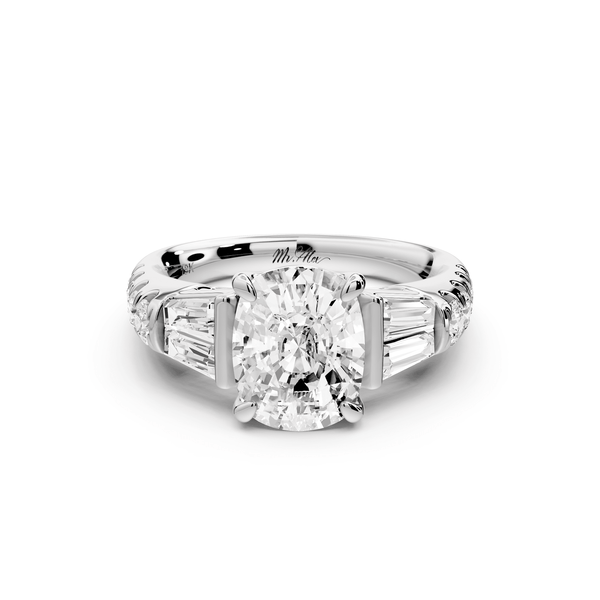 Aria - 2ct 14k white gold Elongated Cushion Diamond with tapered baguettes and round accent stones engagement ring - Mr. Alex Jewelry