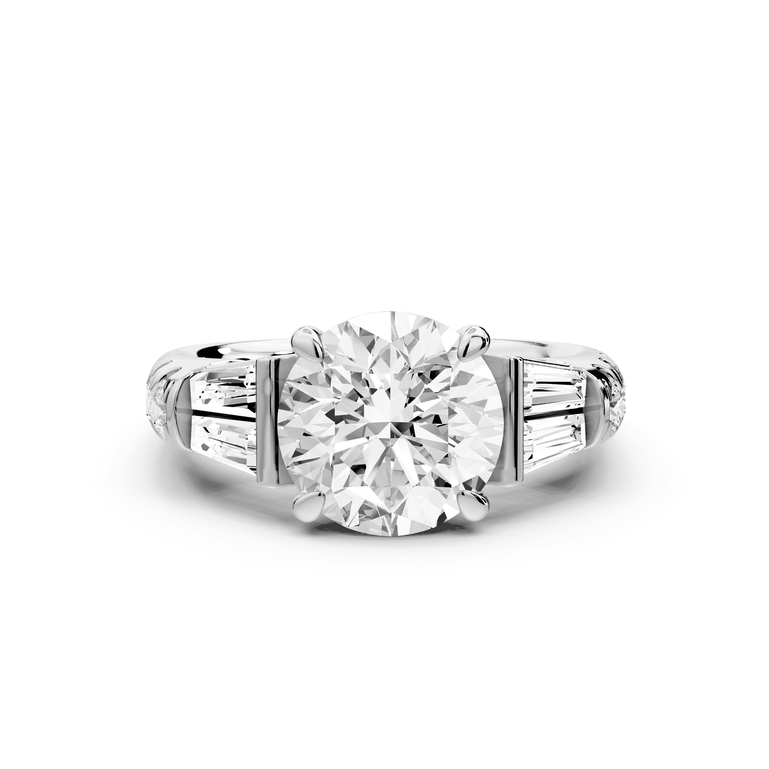 Aria - 2ct 14k white gold round Diamond with tapered baguettes and round accent stones engagment ring - Mr. Alex Jewelry