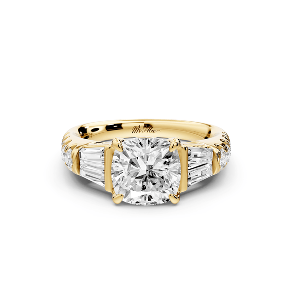 Aria - 2ct 14k yellow gold cushion Diamond with tapered baguettes and round accent stones engagement ring - Mr. Alex Jewelry