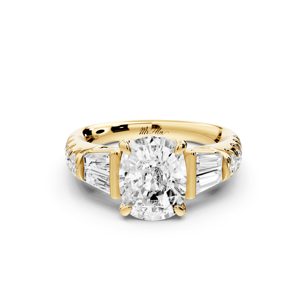 Aria - 2ct 14k yellow gold Elongated Cushion Diamond with tapered baguettes and round accent stones engagement ring - Mr. Alex Jewelry