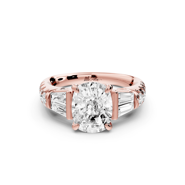 Aria - 2ct 18k rose gold Elongated Cushion Diamond with tapered baguettes and round accent stones engagement ring - Mr. Alex Jewelry