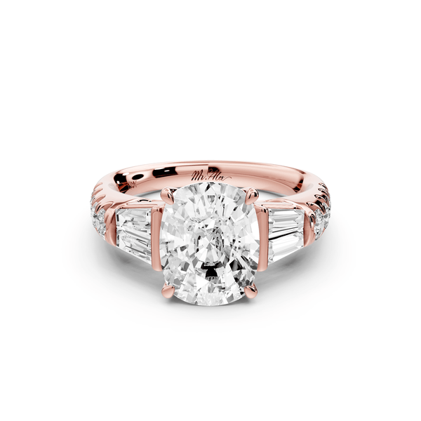 Aria - 3ct 14k rose gold Elongated Cushion Diamond with tapered baguettes and round accent stones engagement ring - Mr. Alex Jewelry