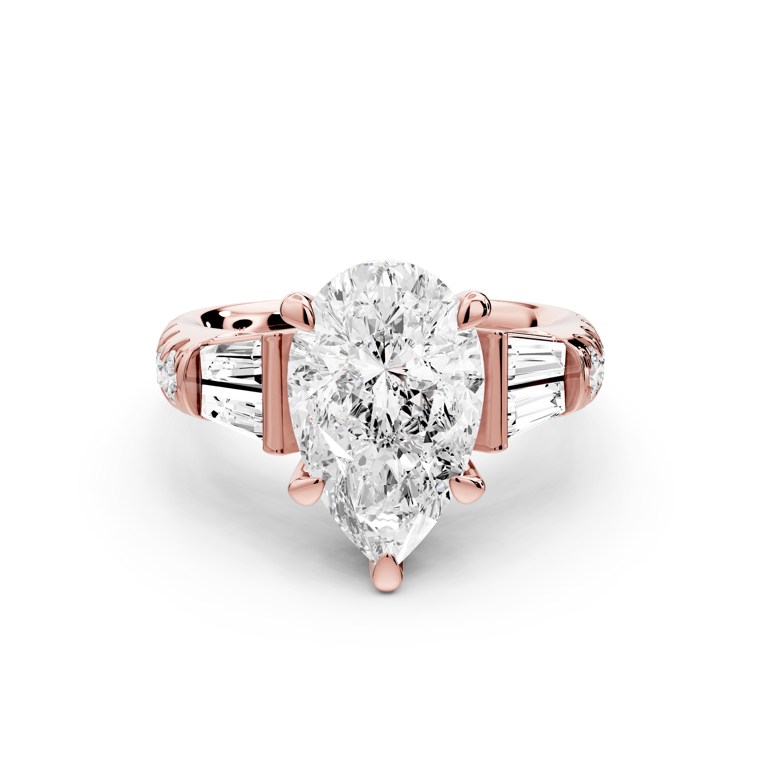 Aria - 3ct 14k rose gold pear Diamond with tapered baguettes and round accent stones Engagement ring - Mr. Alex Jewelry