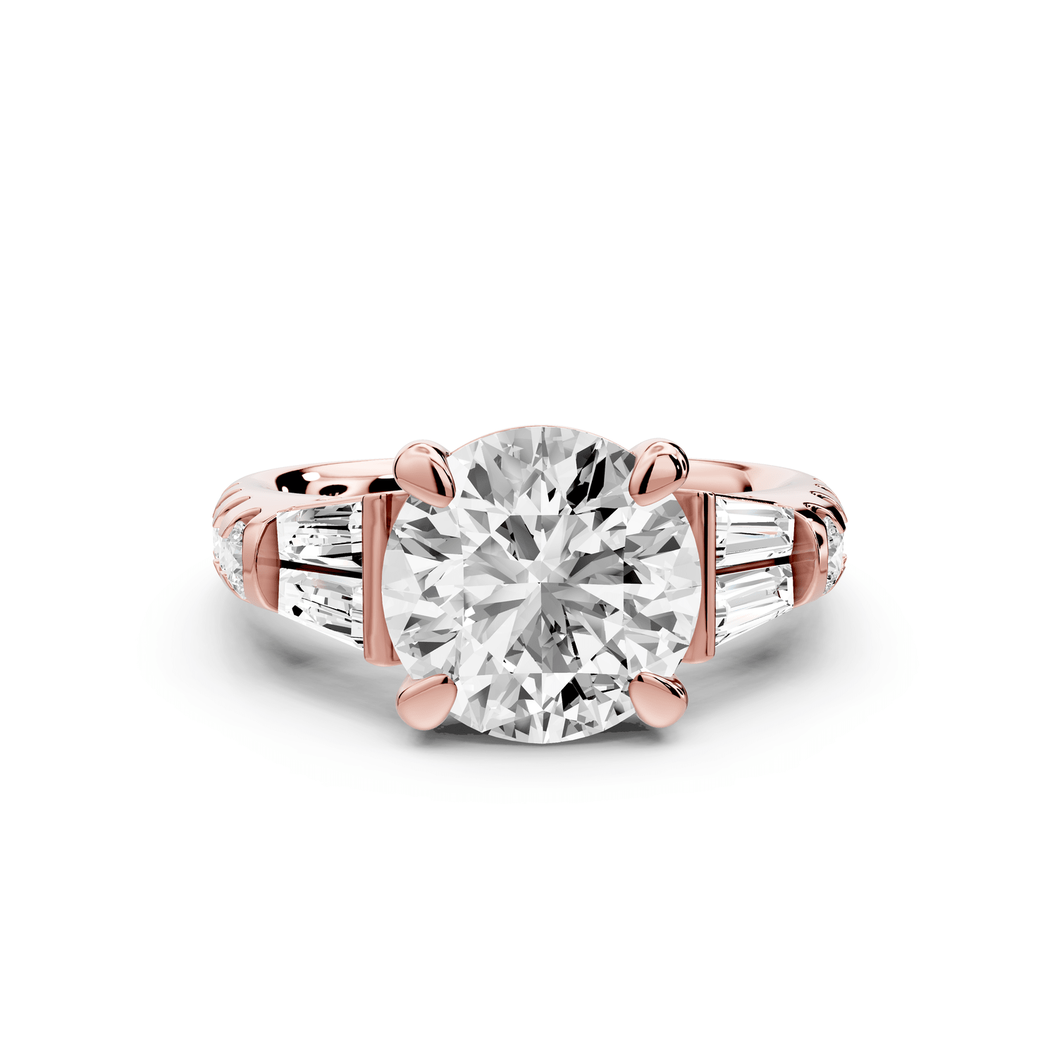 Aria - 3ct 14k rose gold round Diamond with tapered baguettes and round accent stones engagment ring - Mr. Alex Jewelry