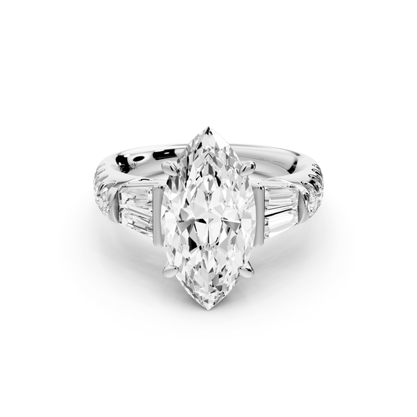 Aria - 3ct 14k white gold marquise Diamond with tapered baguettes and round accent stones engagement ring - Mr. Alex Jewelry