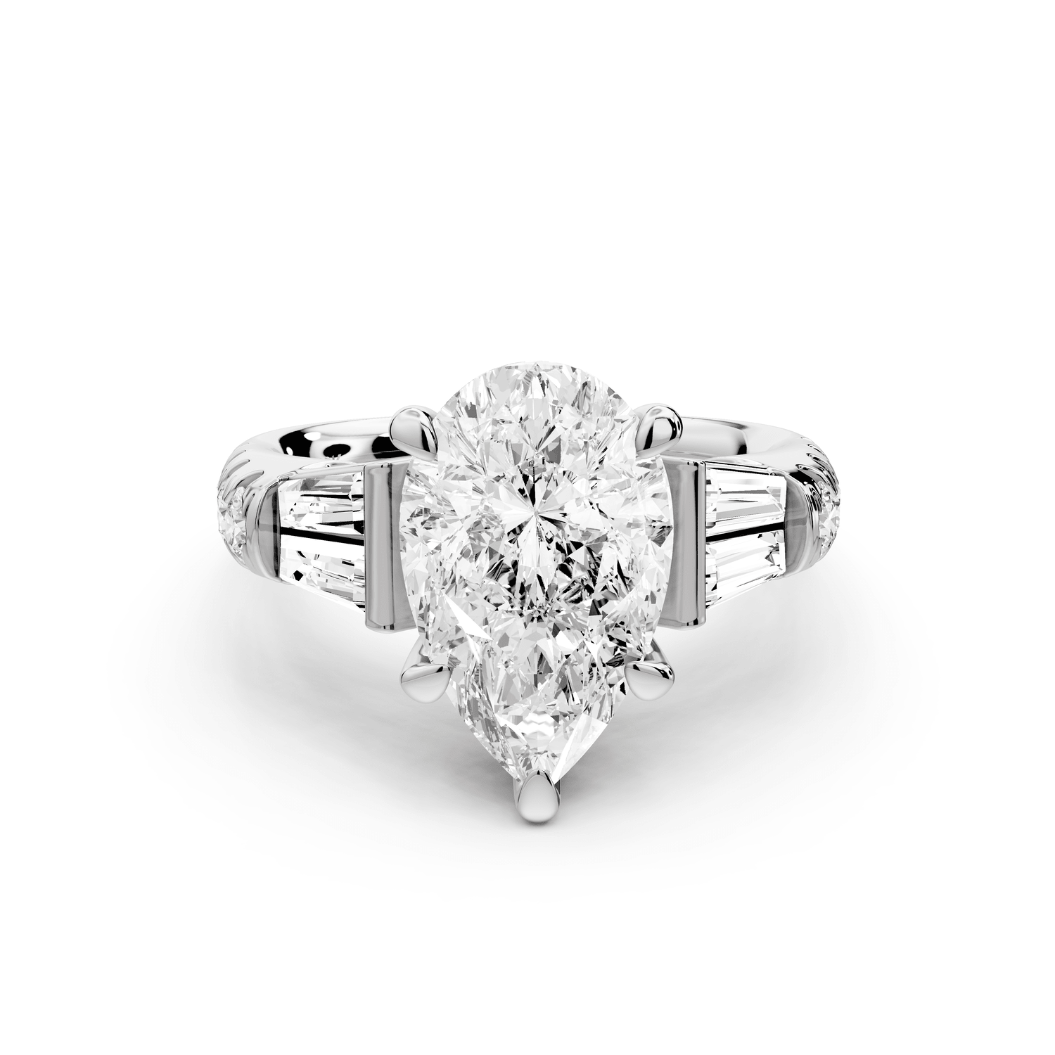 Aria - 3ct 14k white gold pear Diamond with tapered baguettes and round accent stones Engagement ring - Mr. Alex Jewelry
