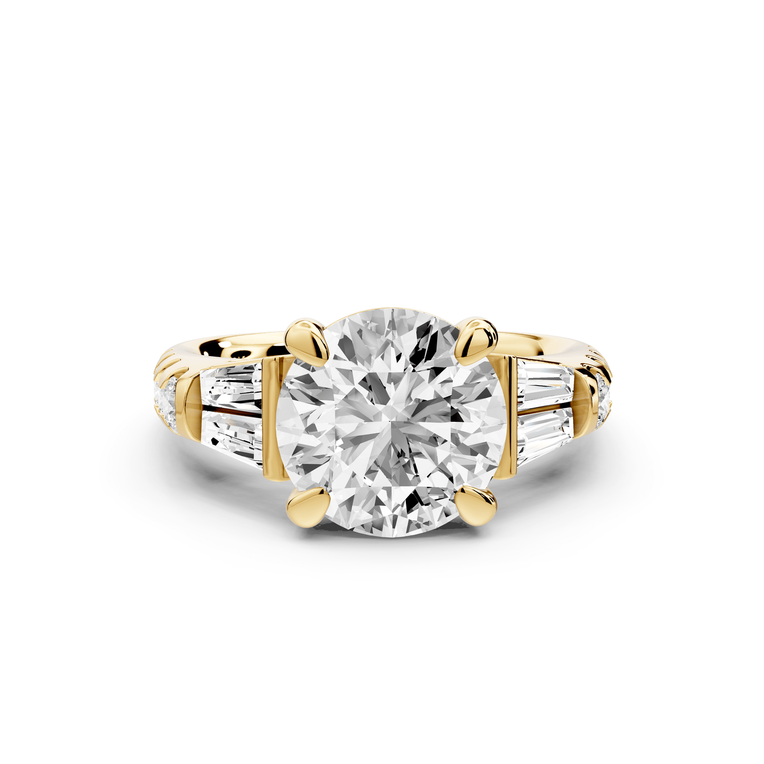Aria - 3ct 18k yellow gold round Diamond with tapered baguettes and round accent stones engagment ring - Mr. Alex Jewelry