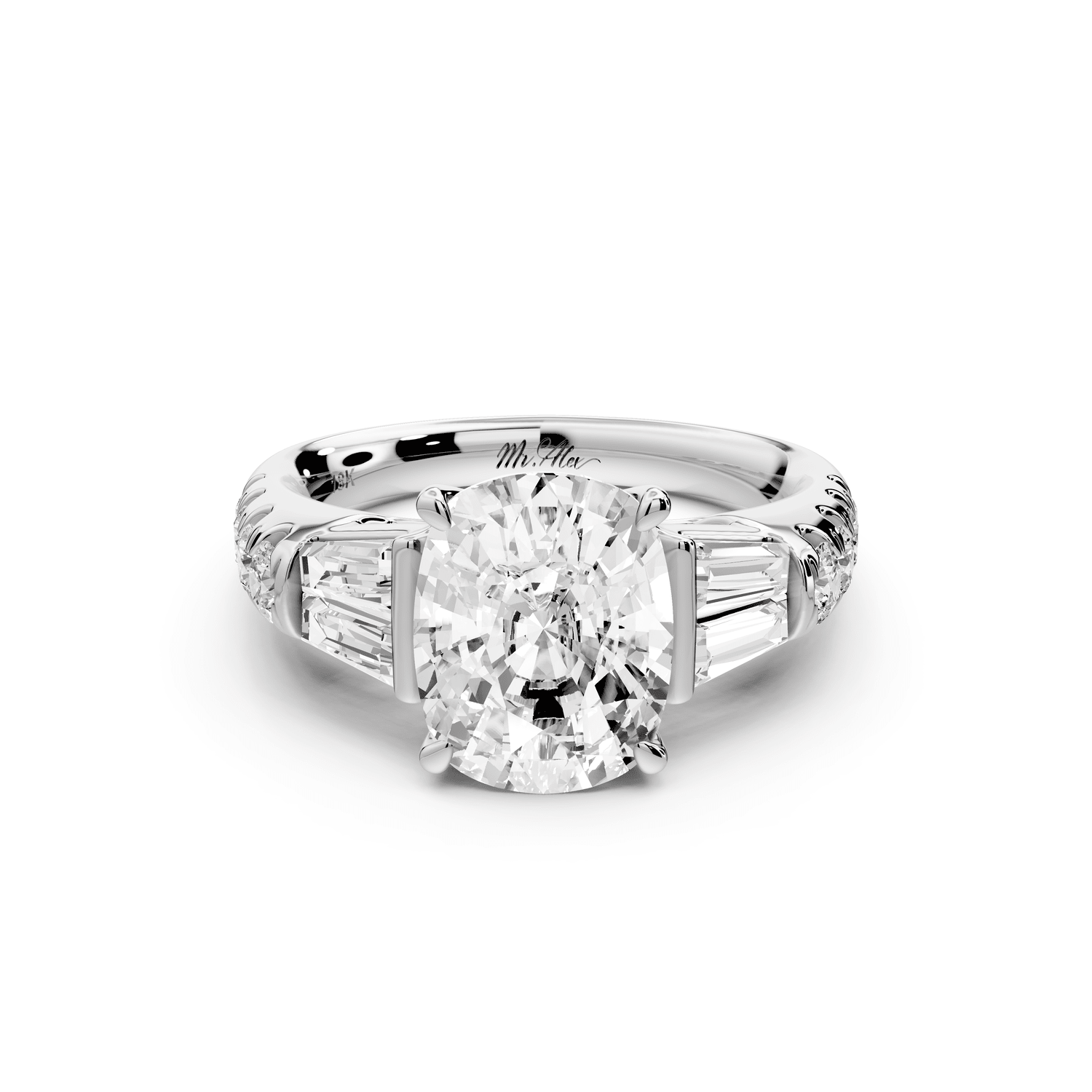Aria - 3ct platinum Elongated Cushion Diamond with tapered baguettes and round accent stones engagement ring - Mr. Alex Jewelry