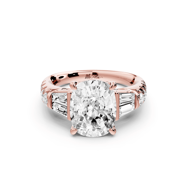Aria - 4ct 14k rose gold Elongated Cushion Diamond with tapered baguettes and round accent stones engagement ring - Mr. Alex Jewelry