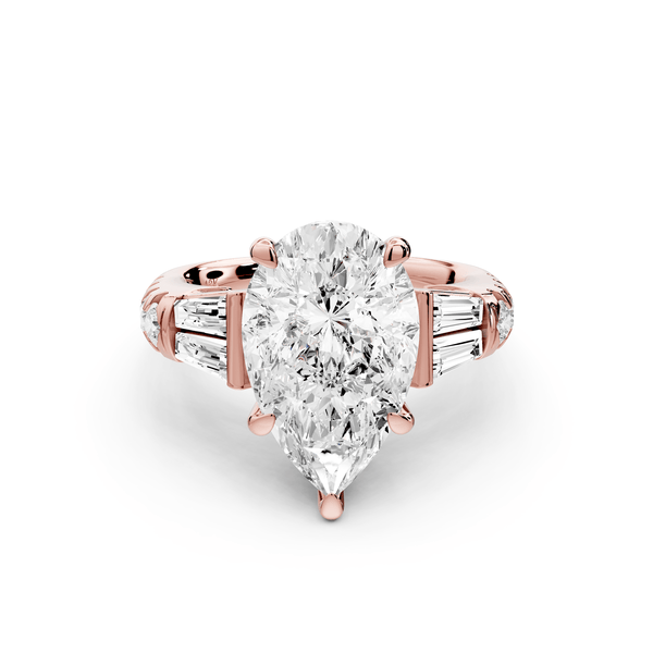 Aria - 4ct 14k rose gold pear Diamond with tapered baguettes and round accent stones Engagement ring - Mr. Alex Jewelry
