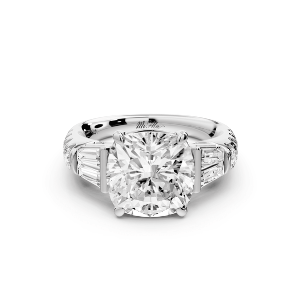 Aria - 4ct 14k white gold cushion Diamond with tapered baguettes and round accent stones engagement ring - Mr. Alex Jewelry