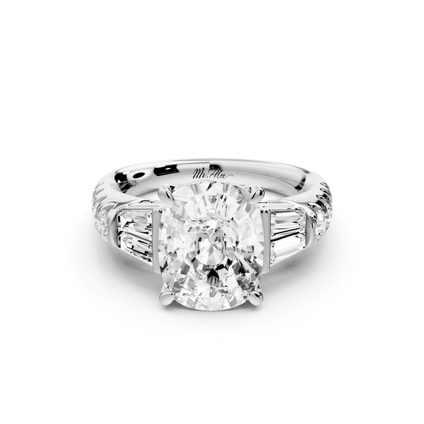Aria - 4ct 14k white gold Elongated Cushion Diamond with tapered baguettes and round accent stones engagement ring - Mr. Alex Jewelry