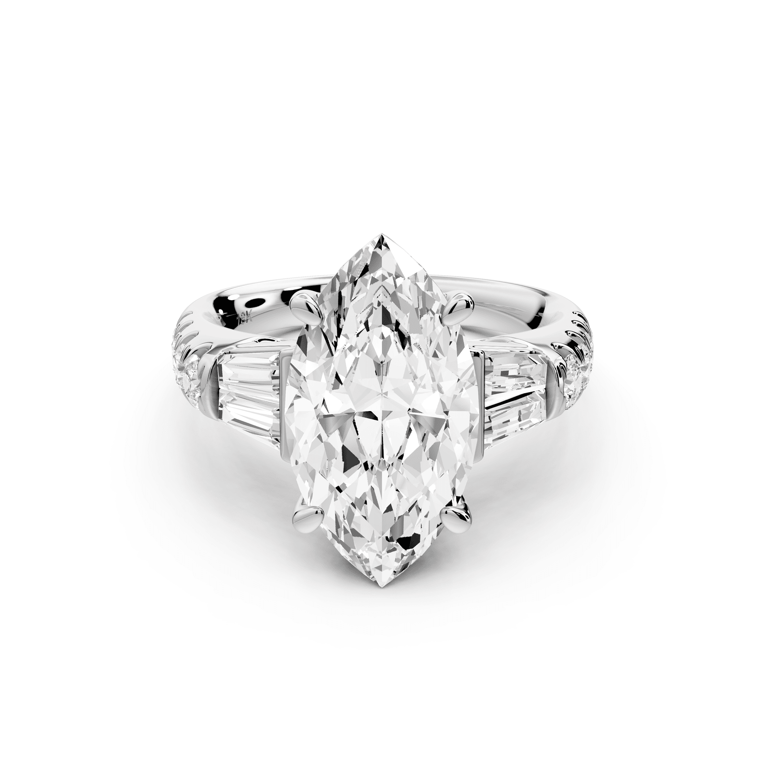 Aria - 4ct 14k white gold marquise Diamond with tapered baguettes and round accent stones engagement ring - Mr. Alex Jewelry