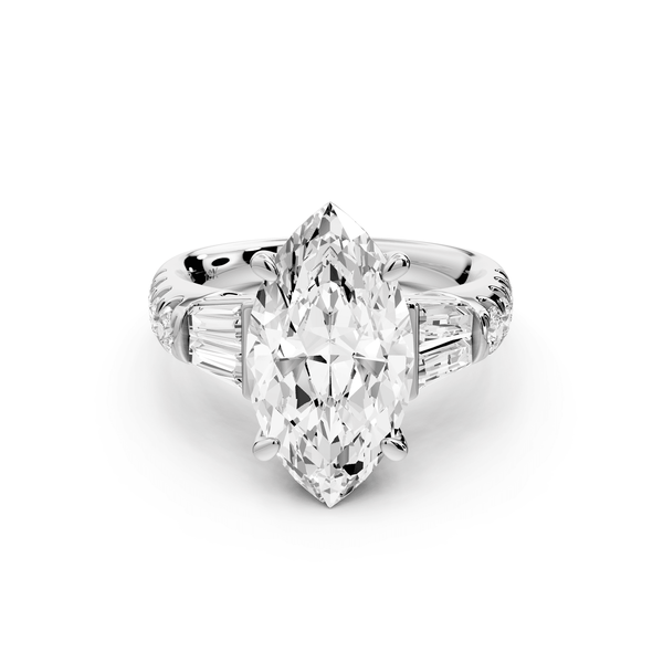 Aria - 4ct 14k white gold marquise Diamond with tapered baguettes and round accent stones engagement ring - Mr. Alex Jewelry