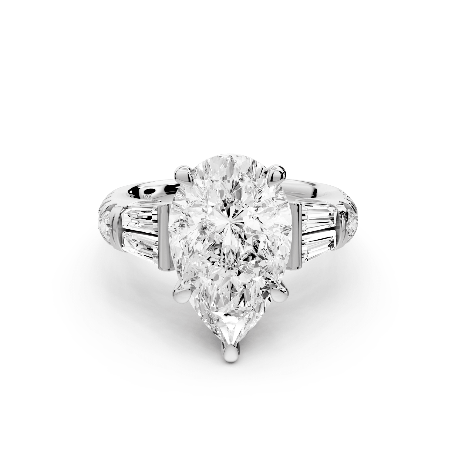 Aria - 4ct 14k white gold pear Diamond with tapered baguettes and round accent stones Engagement ring - Mr. Alex Jewelry