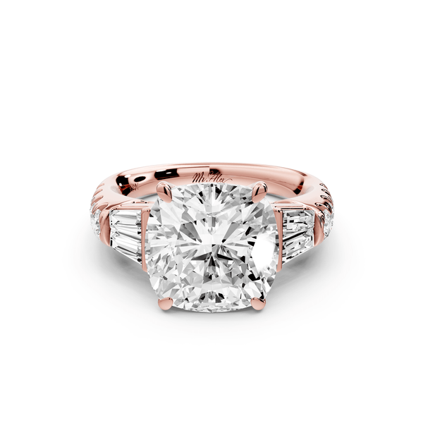 Aria - 5ct 14k rose gold cushion Diamond with tapered baguettes and round accent stones engagement ring - Mr. Alex Jewelry