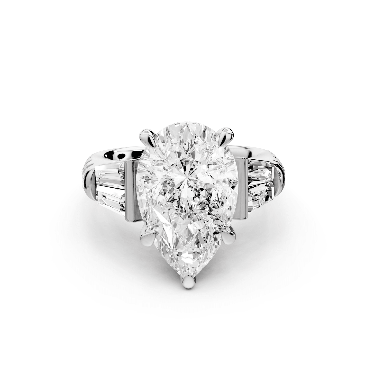 Aria - 5ct 14k white gold pear Diamond with tapered baguettes and round accent stones Engagement ring - Mr. Alex Jewelry