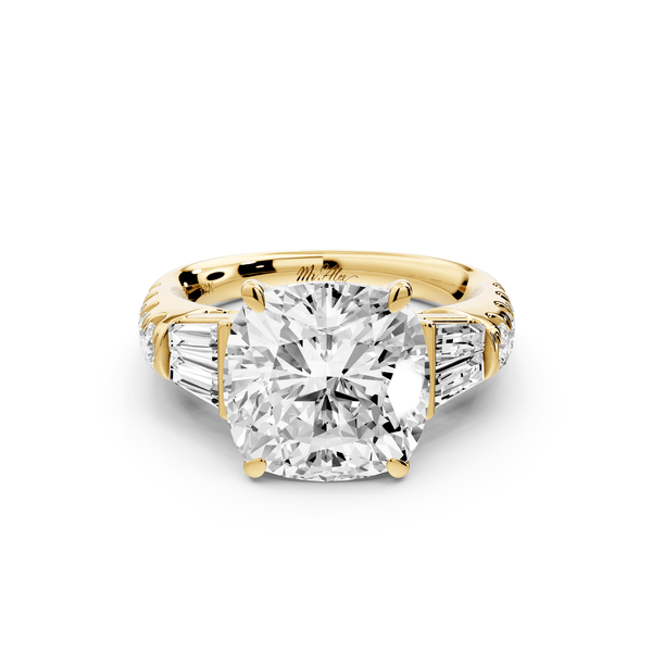 Aria - 5ct 14k yellow gold cushion Diamond with tapered baguettes and round accent stones engagement ring - Mr. Alex Jewelry