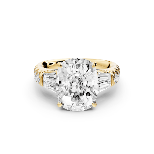 Aria - 5ct 14k yellow gold Elongated Cushion Diamond with tapered baguettes and round accent stones engagement ring - Mr. Alex Jewelry