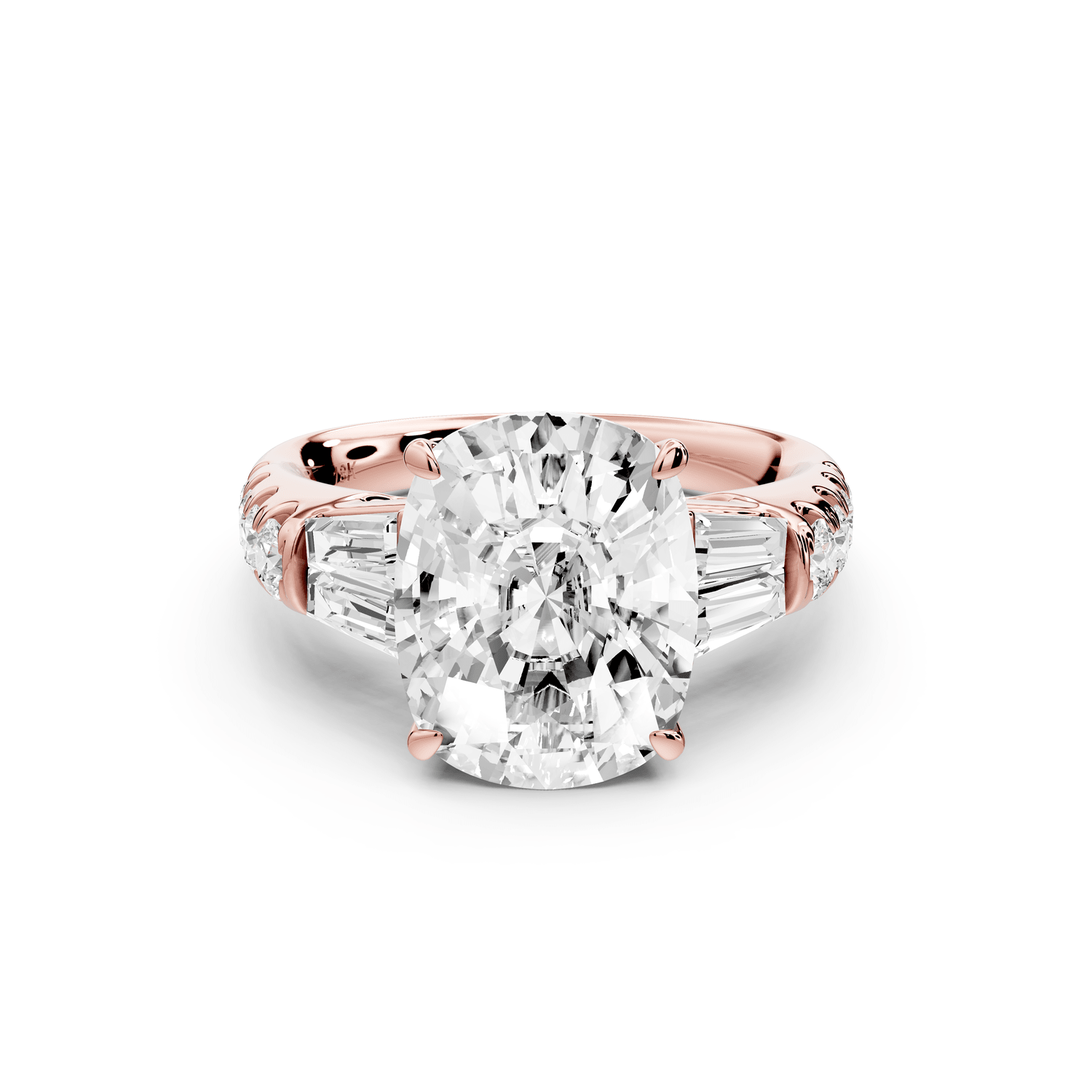 Aria - 5ct 18k rose gold Elongated Cushion Diamond with tapered baguettes and round accent stones engagement ring - Mr. Alex Jewelry