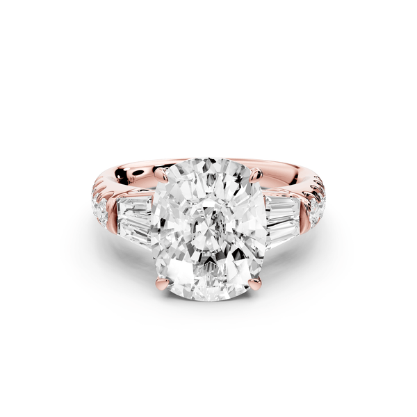 Aria - 5ct 18k rose gold Elongated Cushion Diamond with tapered baguettes and round accent stones engagement ring - Mr. Alex Jewelry