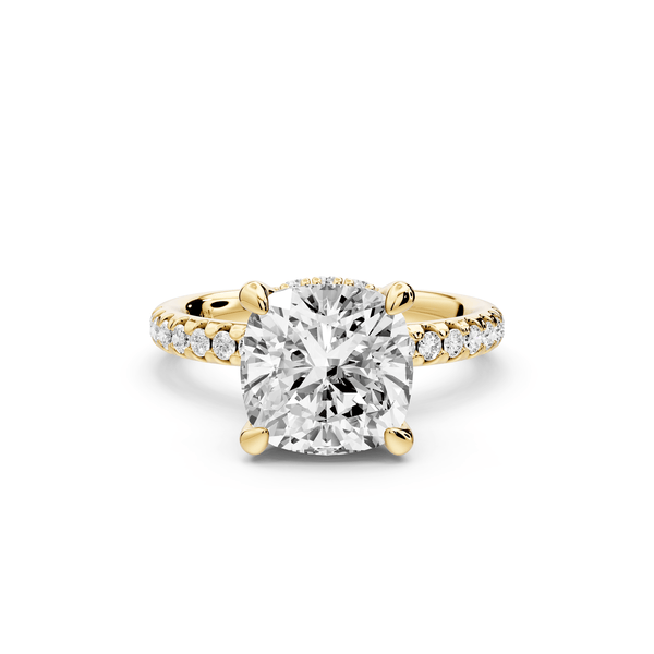 Arina - 3ct 14k yellow gold cushion Diamond with a wrap around halo and pavé engagement ring - Mr. Alex Jewelry