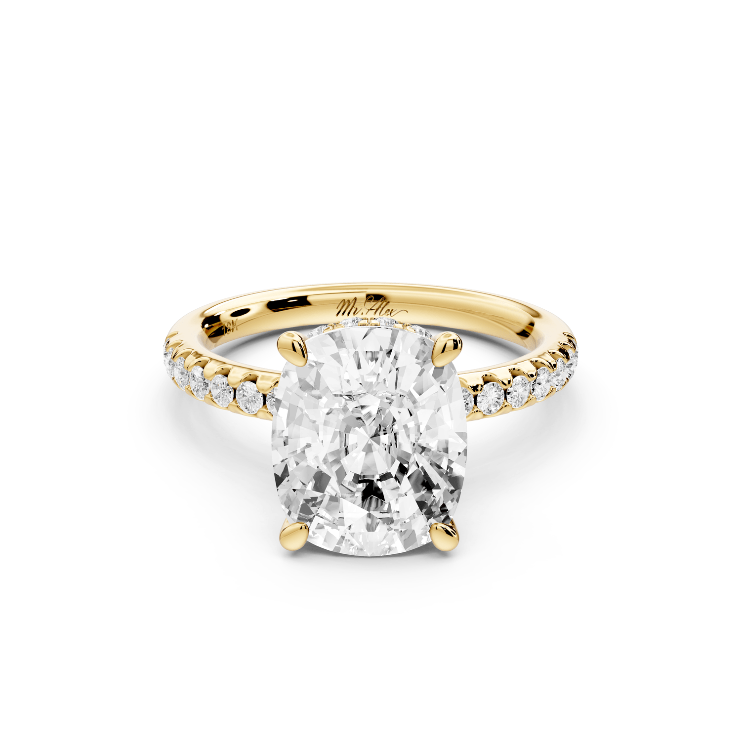 Arina - 4ct 14k yellow gold ecushion Diamond with a wrap around halo and pavé engagement ring - Mr. Alex Jewelry