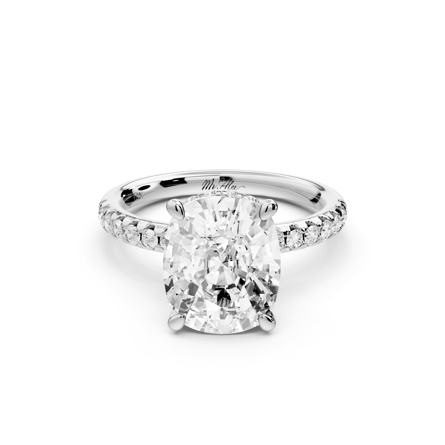 Arina - 4ct platinum ecushion Diamond with a wrap around halo and pavé engagement ring - Mr. Alex Jewelry