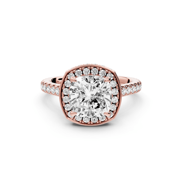 Beatrice - 2ct 14k rose gold cushion stone in rollover halo with diamond bridge and pavé engagement ring - Mr. Alex Jewelry