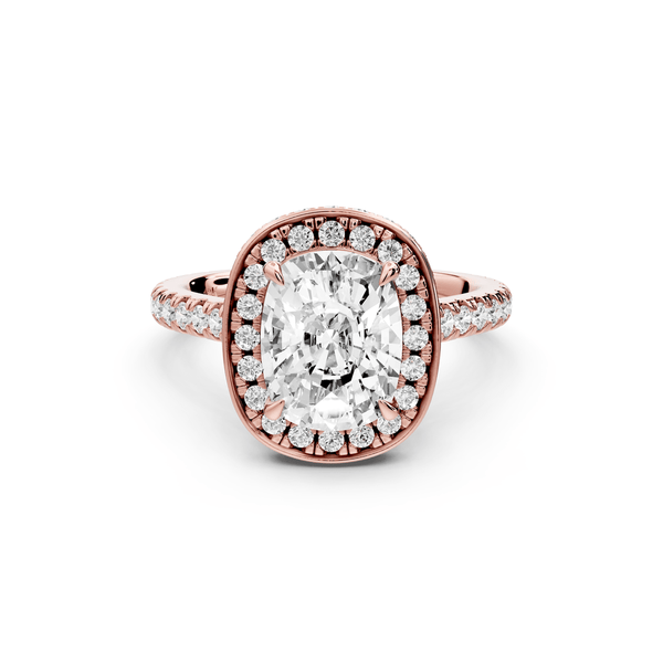 Beatrice - 2ct 14k rose gold ecushion stone in rollover halo with diamond bridge and pavé engagement ring - Mr. Alex Jewelry