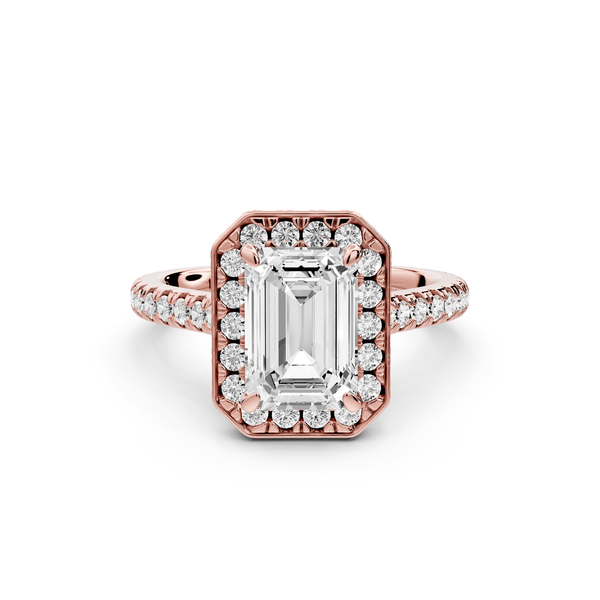 Beatrice - 2ct 14k rose gold emerald stone in rollover halo with diamond bridge and pavé engagement ring - Mr. Alex Jewelry