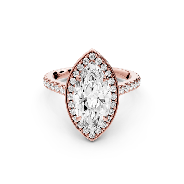 Beatrice - 2ct 14k rose gold marquise stone in rollover halo with diamond bridge and pavé engagement ring - Mr. Alex Jewelry