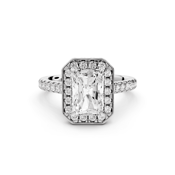 Beatrice - 2ct 14k white gold radiant stone in rollover halo with diamond bridge and pavé engagement ring - Mr. Alex Jewelry
