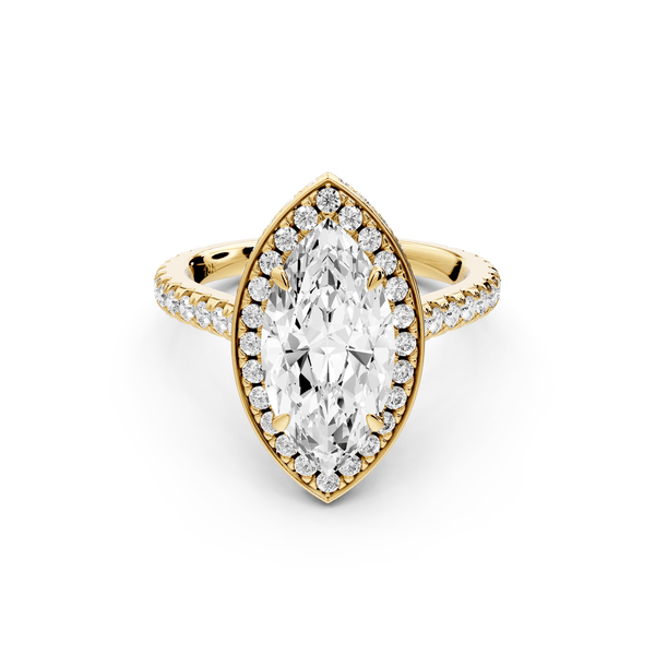 Beatrice - 2ct 14k yellow gold marquise stone in rollover halo with diamond bridge and pavé engagement ring - Mr. Alex Jewelry