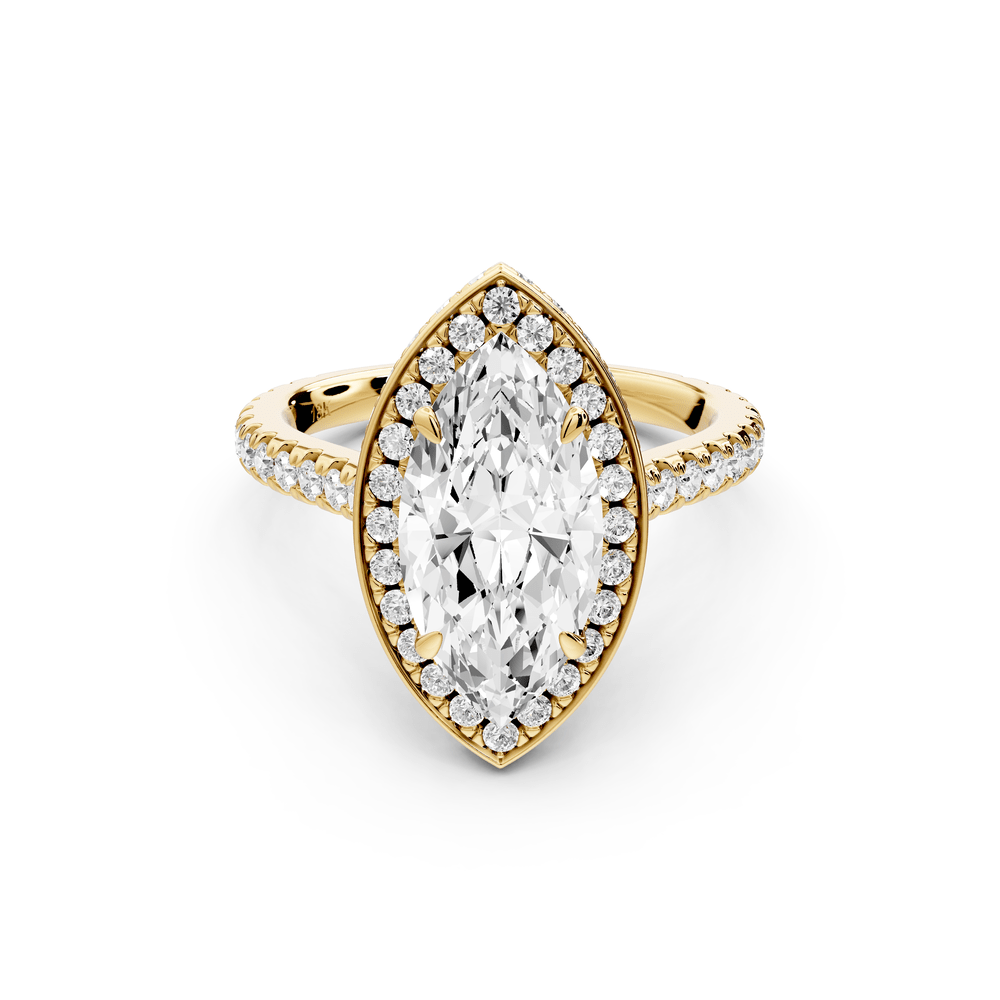 Beatrice - 2ct 14k yellow gold marquise stone in rollover halo with diamond bridge and pavé engagement ring - Mr. Alex Jewelry