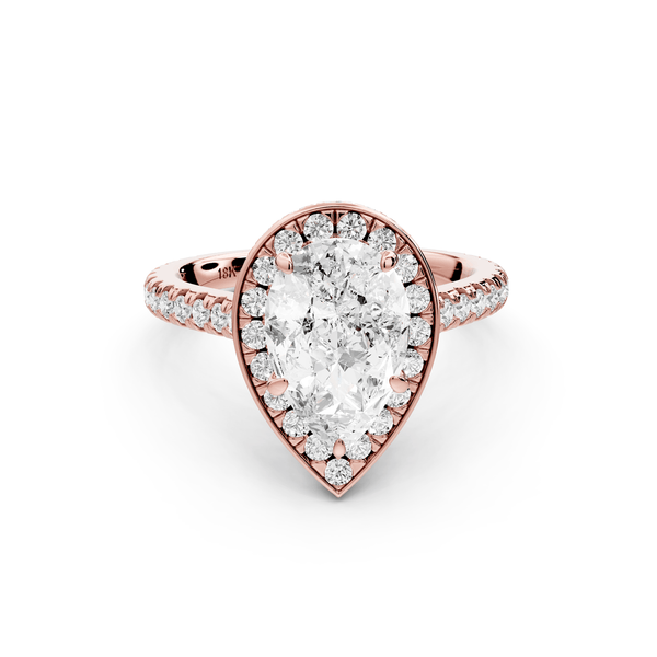 Beatrice - 2ct 18k rose gold pear stone in rollover halo with diamond bridge and pavé engagement ring - Mr. Alex Jewelry