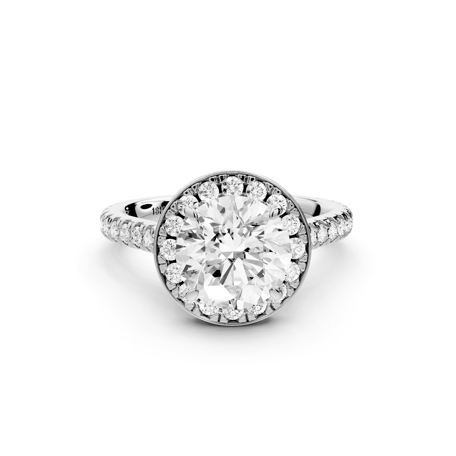 Beatrice - 2ct 18k white gold round stone in rollover halo with diamond bridge and pavé engagement ring - Mr. Alex Jewelry