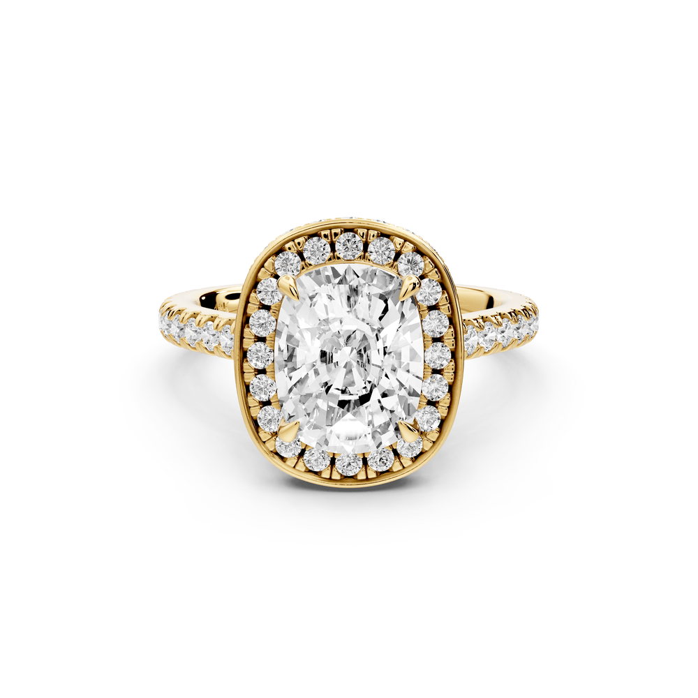Beatrice - 2ct 18k yellow gold ecushion stone in rollover halo with diamond bridge and pavé engagement ring - Mr. Alex Jewelry