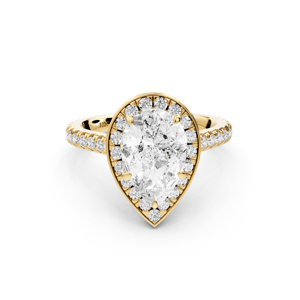 Beatrice - 2ct 18k yellow gold pear stone in rollover halo with diamond bridge and pavé engagement ring - Mr. Alex Jewelry