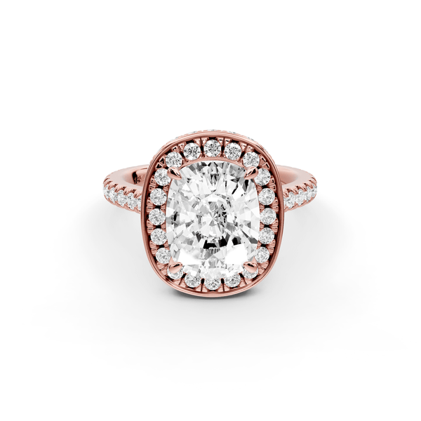 Beatrice - 3ct 14k rose gold ecushion stone in rollover halo with diamond bridge and pavé engagement ring - Mr. Alex Jewelry