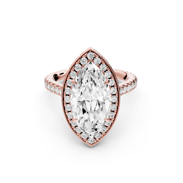 Beatrice - 3ct 14k rose gold marquise stone in rollover halo with diamond bridge and pavé engagement ring - Mr. Alex Jewelry
